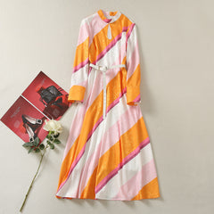 Standing Collar Tie Up Long Sleeved Striped Long Dress