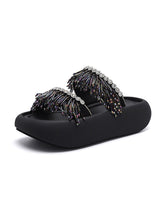 Black Tassel Splicing Platform Slide Sandals Peep Toe
