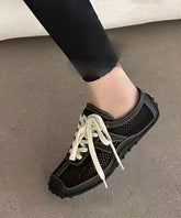 Black Breathable Mesh Splicing Cowhide Leather Flat Shoes