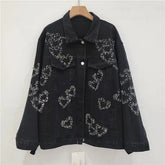 Heart Diamond Beaded Black Denim Jacket