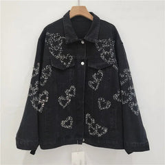 Heart Diamond Beaded Black Denim Jacket