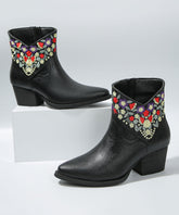 Fine Black Pointed Toe Zippered Faux Leather Splicing Chunky Flat Boots