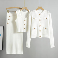 Solid Pleated Cardigan Vest Skirt Knitted Set