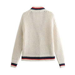 Knit V-Neck Pocket Color Block Cardigan