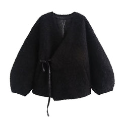 V-Neck Lace-Up Faux Fur Coat