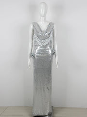 Silver Sequined 3D Flower High-Split Maxi Dress