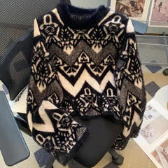 Vintage Jacquard Faux Mink Loose Knit Sweater