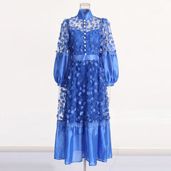 Stand Collar Mesh See-Through Puff Sleeves Floral Dress