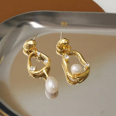 Retro Asymmetrical Pearl Zircon Earrings