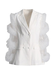 Solid Splicing Mesh Ruffle Double Breasted Suit Jacket