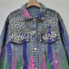 Denim Studded Half Painted Loose Jacket