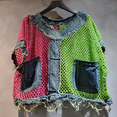 Patchwork Contrast Color Burrs Denim Pockets Top + Elastic Waist Pants