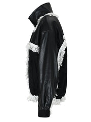 Tassel Spliced Black Leather Jacket