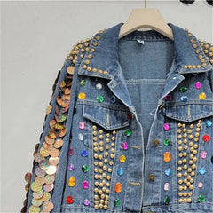 Sequin Diamond Rivet Loose Vintage Denim Jacket