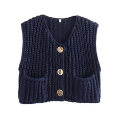Pocket Sleeveless Knitted Cropped Vest