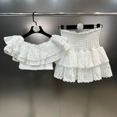 Ruffle Embroidered Hollow Top + Skirt Sets