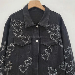 Heart Diamond Beaded Black Denim Jacket