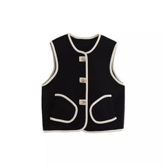 Loose Fit Sleeveless Trimmed Pocket Pearl Fleece Vest