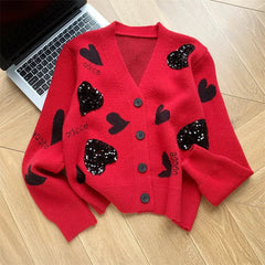 Sequined Love Jacquard V-Neck Loose Knit Cardigan