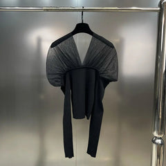 Solid V-Neck Pleated Mesh Patchwork Knitted Sweater