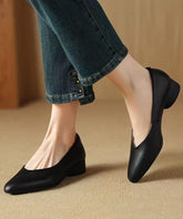 Black Cowhide Leather Splicing Chunky Shoes Pointed Toe
