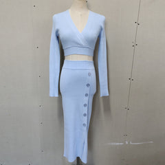 Long Sleeved V-Neck Cropped Top + Button Split Skirt Set