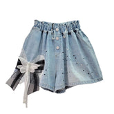 Hot Stamping 3D Butterfly Bow Wide Leg Denim Shorts