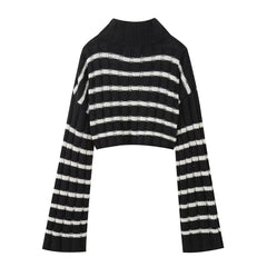 Casual Striped Zip Up Short Knitted Cardigan