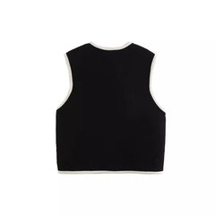 Loose Fit Sleeveless Trimmed Pocket Pearl Fleece Vest