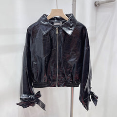 Zip Up PU Leather Solid Color Motorcycle Jacket