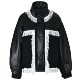 Tassel Spliced Black Leather Jacket