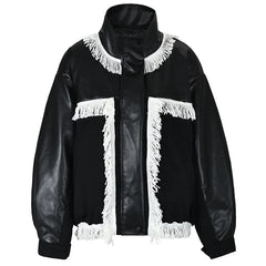 Tassel Spliced Black Leather Jacket