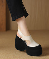 Fashion Splicing Platform Sandals White Cowhide Leather Hollow Out