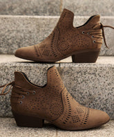 Brown Boots Chunky Faux Leather Solid Hollow Out Ankle Boots