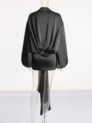 Sexy Elegant Satin Lace Chest Bubble Sleeves Mini Dress