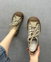 Beige Women Hollow Out Lace Up Splicing Platform Flat Feet Shoes