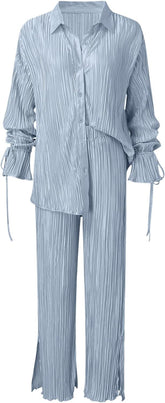 Solid Color Pleated Long Sleeved Cardigan Shirt + Pants Set