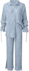 Solid Color Pleated Long Sleeved Cardigan Shirt + Pants Set