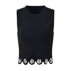 Pre Order: Black Sequin Flower Sleeveless Knitted Tank Top + Skirt
