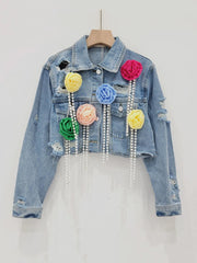 Spliced Colorful Flower Diamond Tassel Denim Jacket