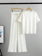 Semi Transparent Loose Knit T-Shirt + Wide Leg Pants Set