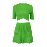 Solid Pleated Crop Shirt + Pleated Skirt Set