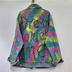 Diamond Inlaid Letter Spray Painted Denim Jacket