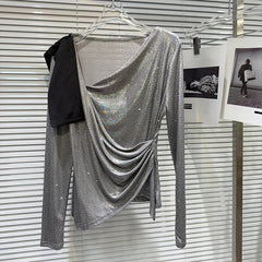 Hot Diamond Slanted Neck Pleated Mesh Top