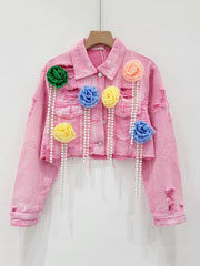 Spliced Colorful Flower Diamond Tassel Denim Jacket