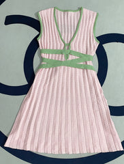 Sleeveless Waist Color Blocking Deep V Camisole Knitted Pleated Dress