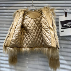 Gold Faux Fur Plush O-Neck Zipper Jacket
