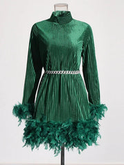 Solid Patchwork Feather Long Sleeve High Waist Dress