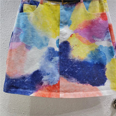 Tie Dye High Waist A-Line Denim Short Skirt