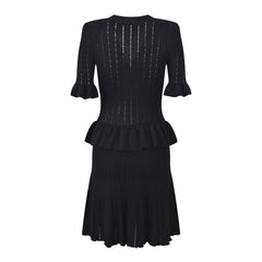 Solid V-Neck Diamond Buckle Ruffle Edge Knit Dress